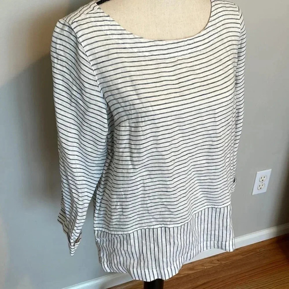 Tahari Linen Pullover Navy White Blouse Top Striped S Split Hem Small NWT - Picture 2 of 7